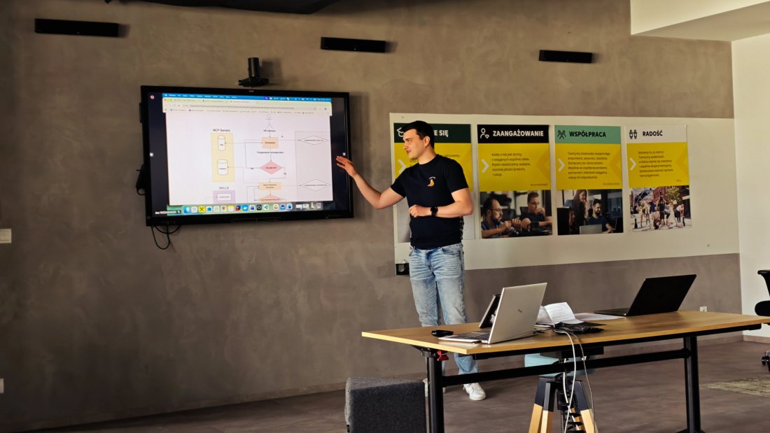 Jan Wiśniewski presenting MCP, reusable skills, and agent workflows in front of a screen